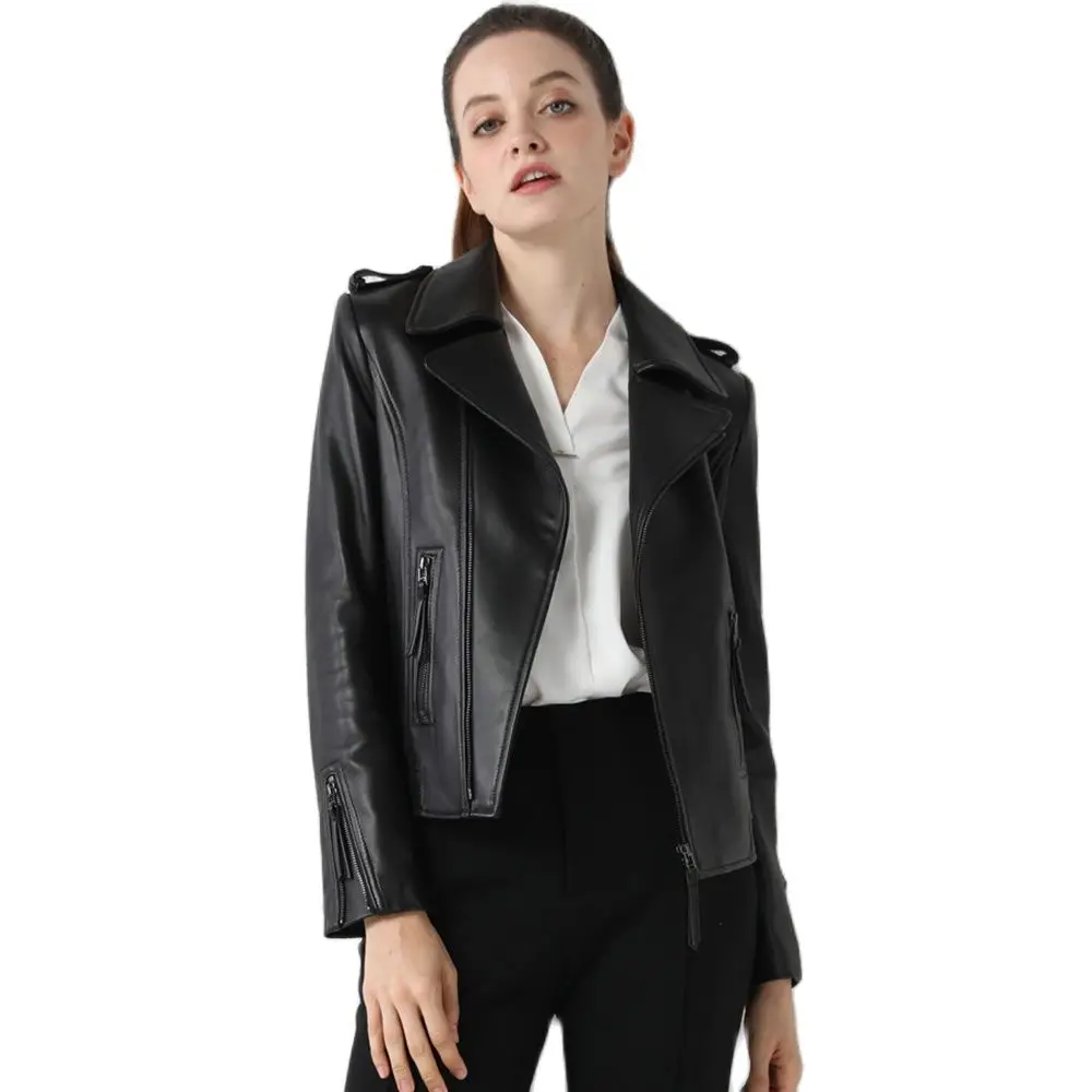 New Women Genuine Leather Jacket Spring Autumn Fashion Turn-down Collar Soft Sheepskin Short Moto Coat Slim Outerwear Female