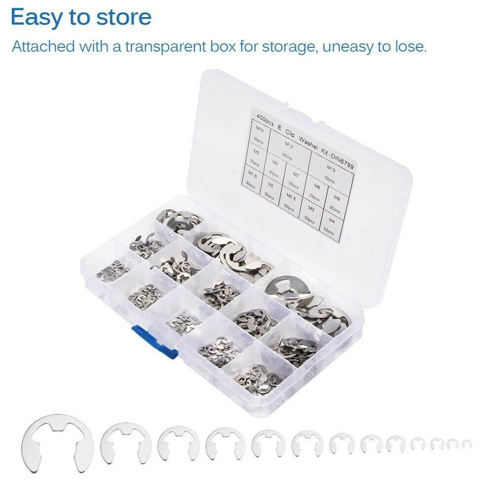 

400pcs E-Clip Stainless Steel Retaining Ring Set Silver External Retaining Ring Snap Kit 16.8*9.4*2.3cm Circlip