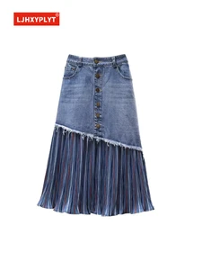 Pleated Stitching Denim Skirt Women's Summer Retro Hong Kong Style Design Personality Single-breasted Mid-length Skirt Female