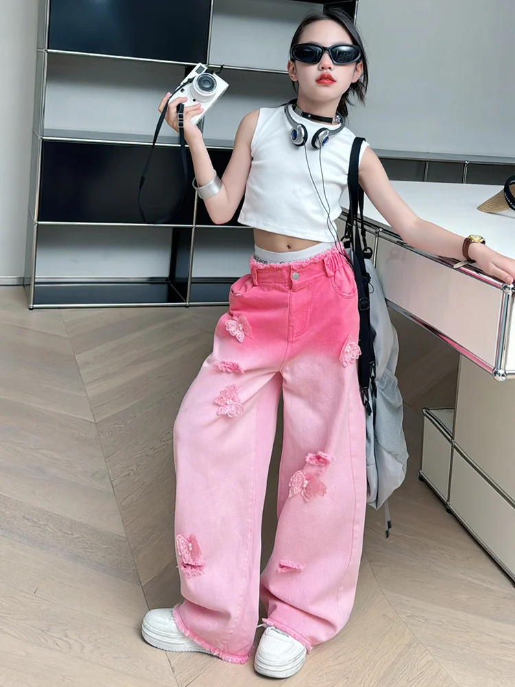 Джинсы для девочек летние новые большие детские американские рваные градиентные