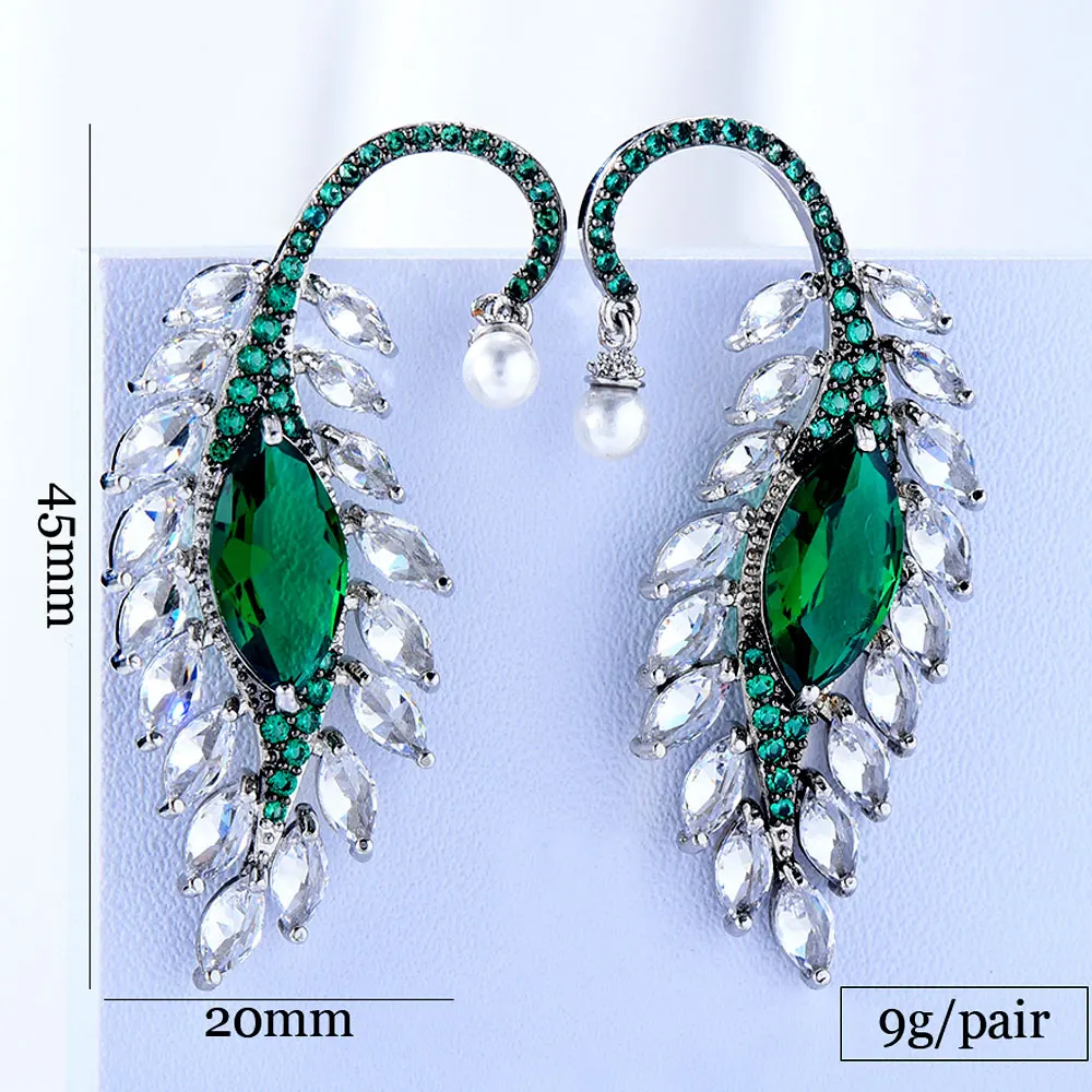 

Kellybola Luxury Feather Pearl Pendant Earring Curved Design Full Micro Cubic Zirconia CZ Prevent allergy 3 Colors Gorgeous CZ