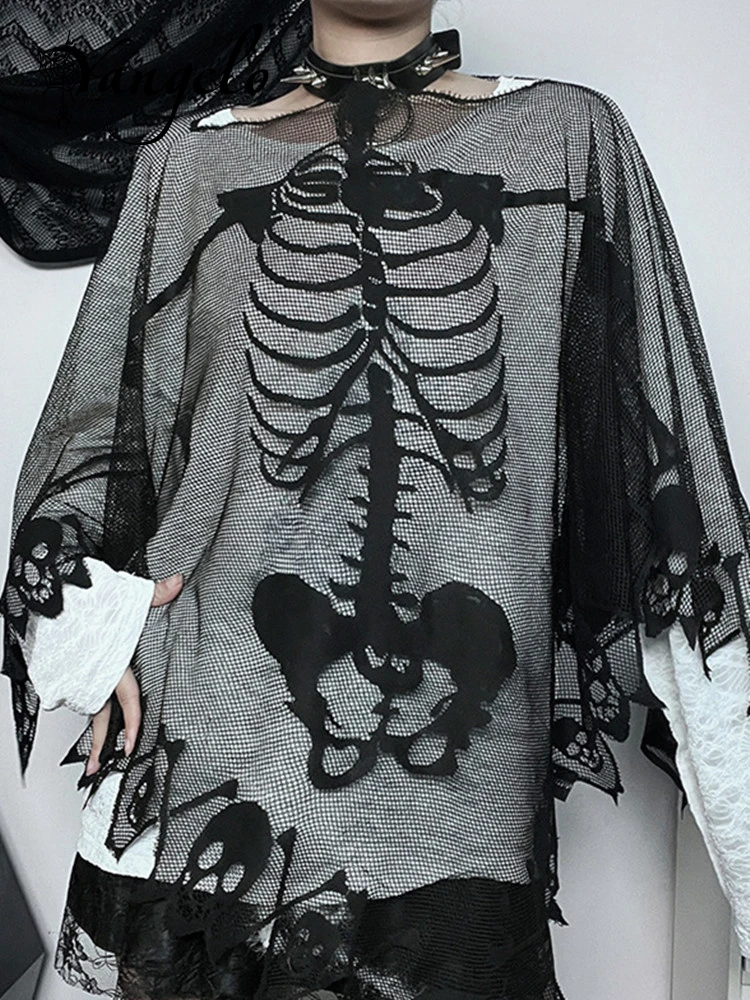 

Yangelo Gothic Mesh Skeleton See Through Lace Cloak Women Punk Elegant Aesthetic Slim Shawl
