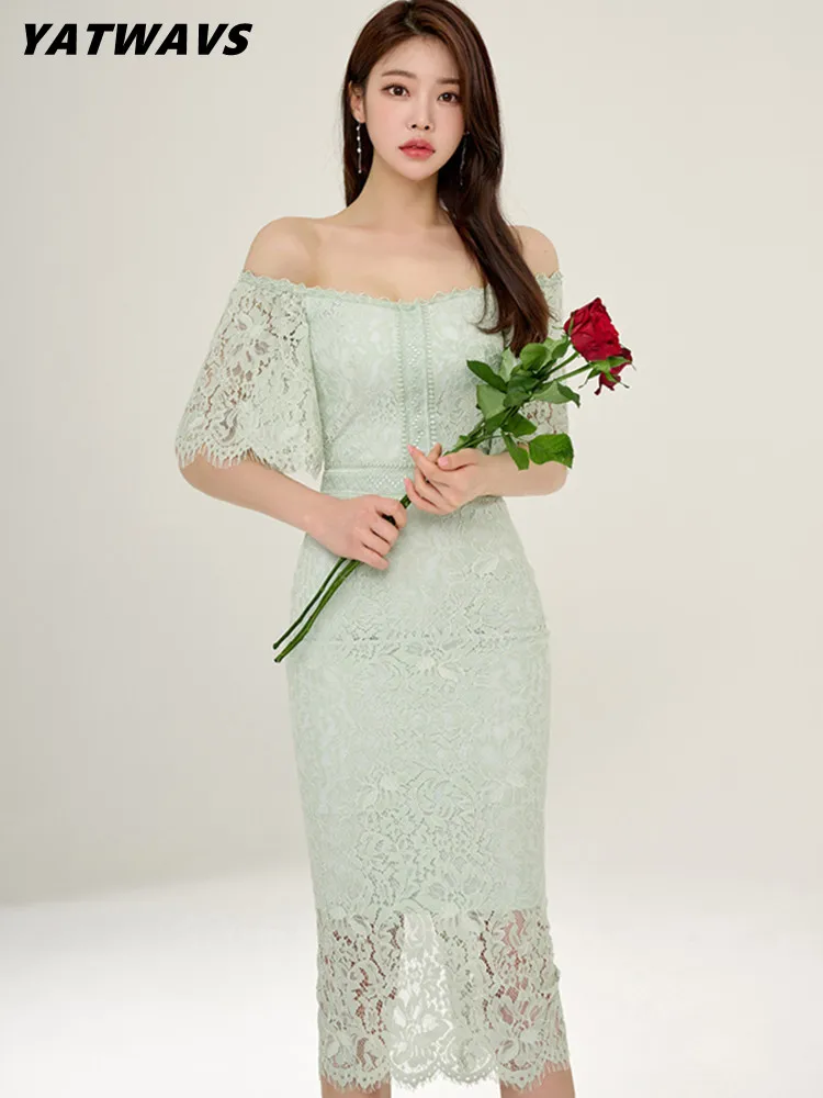 

High Quality Ladies Hollow Out Slim Lace Dress Women Summer Sexy Slash Neck Bodycon Pencil Party Dresses Korean Casual Vestidos