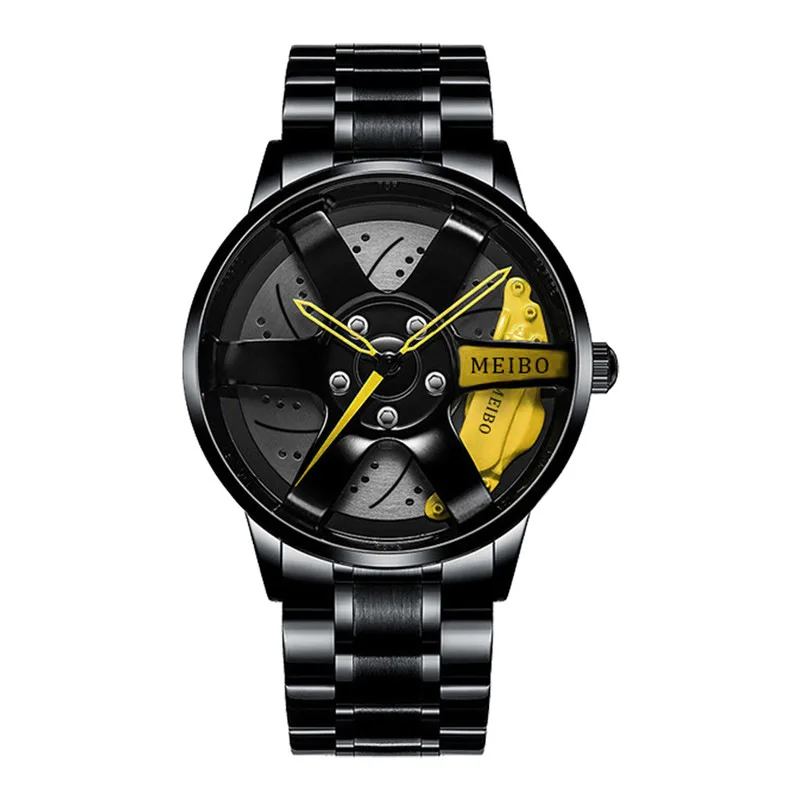 

Fashion Sports Mens Wrist Watch Black Stainless Steel Strap Electroplated Wheel Dial Men Quartz Wristwatches Reloj Hombre Montre