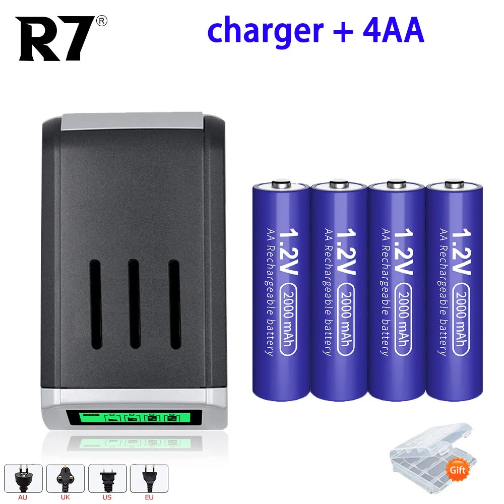 

R7 aa /aaa battery AA 2000mah AAA 800mah 1.2V NIMH AA rechargeable battery aaa 3A +LCD Display AA / AAA Battery Charger +EU Plug