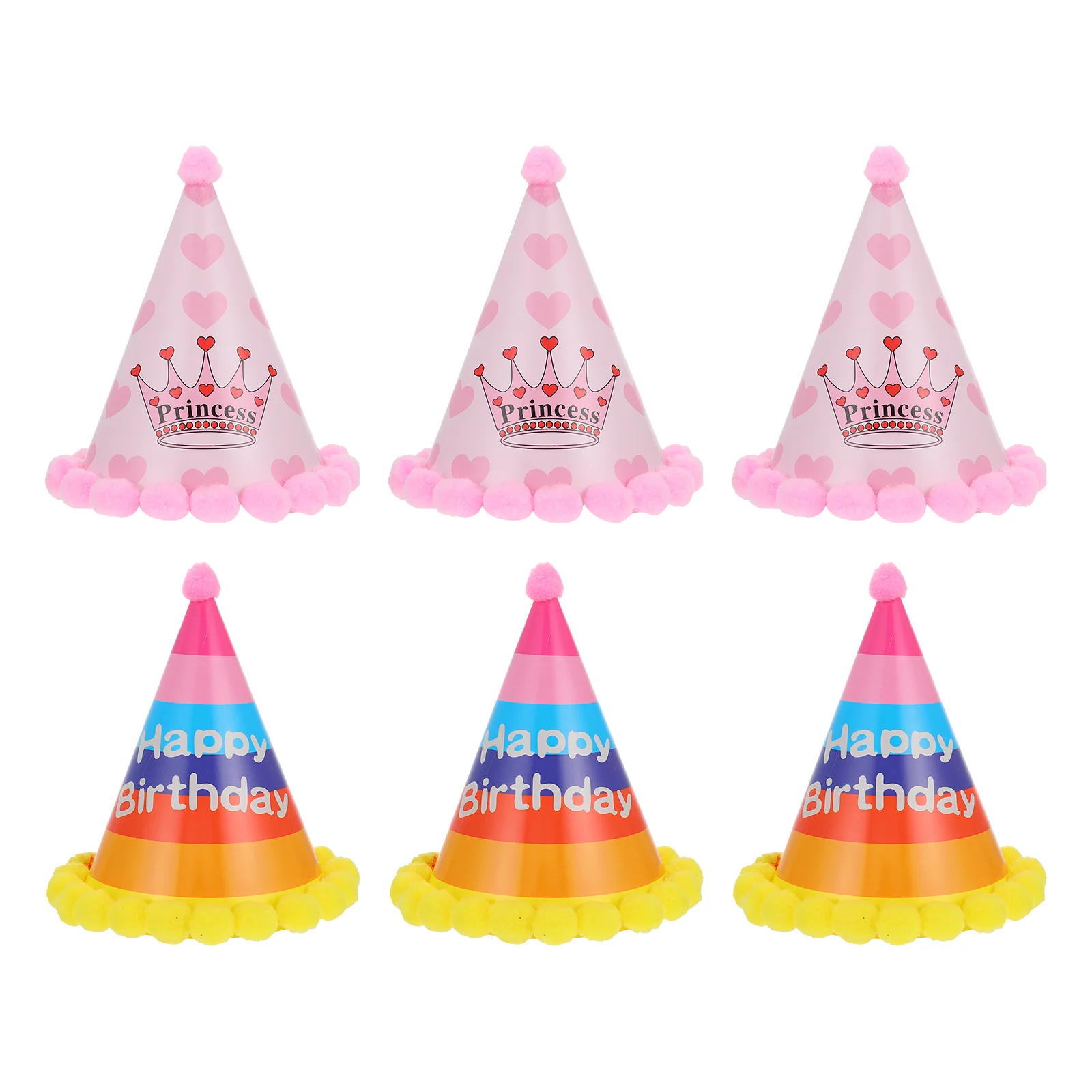 

6 Birthday Party Hats Cone Hats Birthday Paper Hats Plush Pompom Hats Fun Party Caps for Kids Birthday Party Supplies
