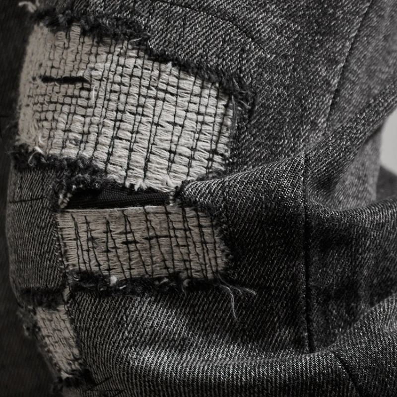 Patch cloth small straight leg jeans for men washed and aged black and grey jeans