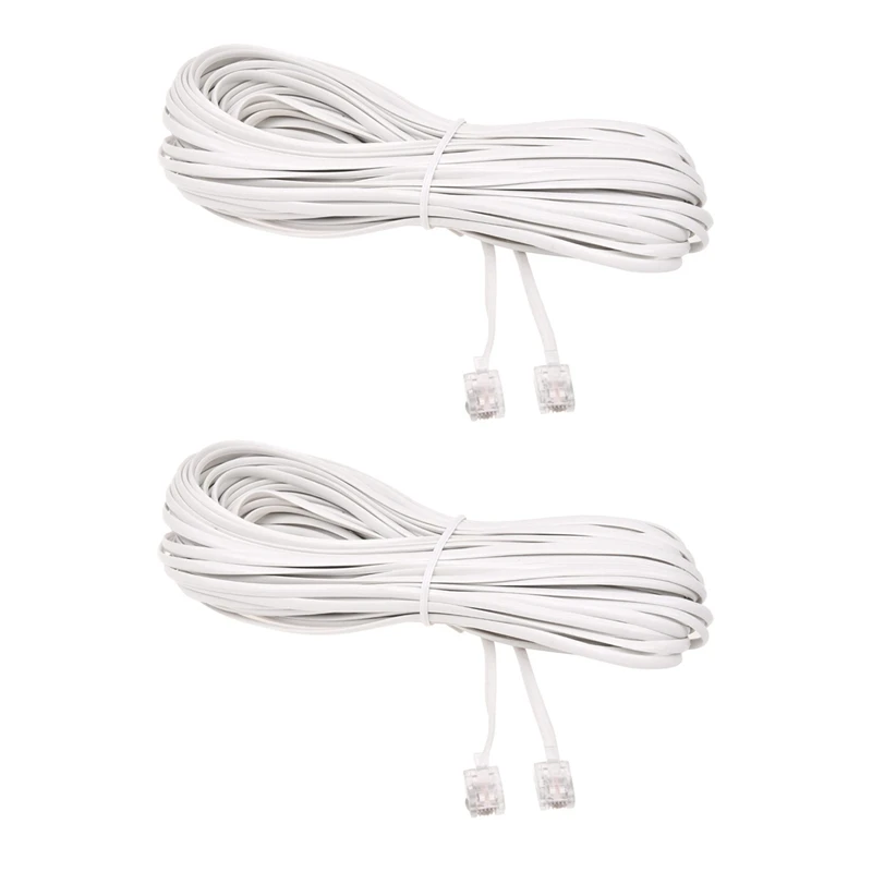 

2X White Male 6P2C RJ11 Plug Telephone Fax Modem Line Cable, 14M For Landline Telephone