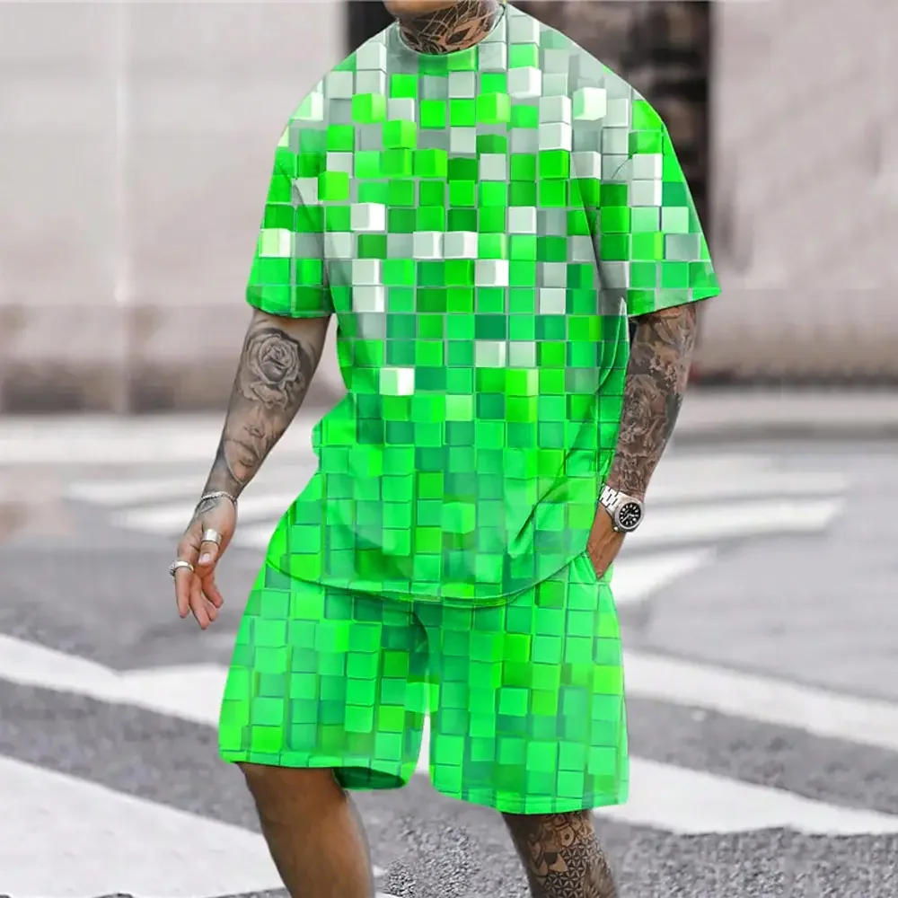 

Men's Shorts and T Shirt Set T-Shirt Outfits Graphic Plaid / Check Crew Neck Clothing Apparel 3D Print Outdoor Daily Short Sleev