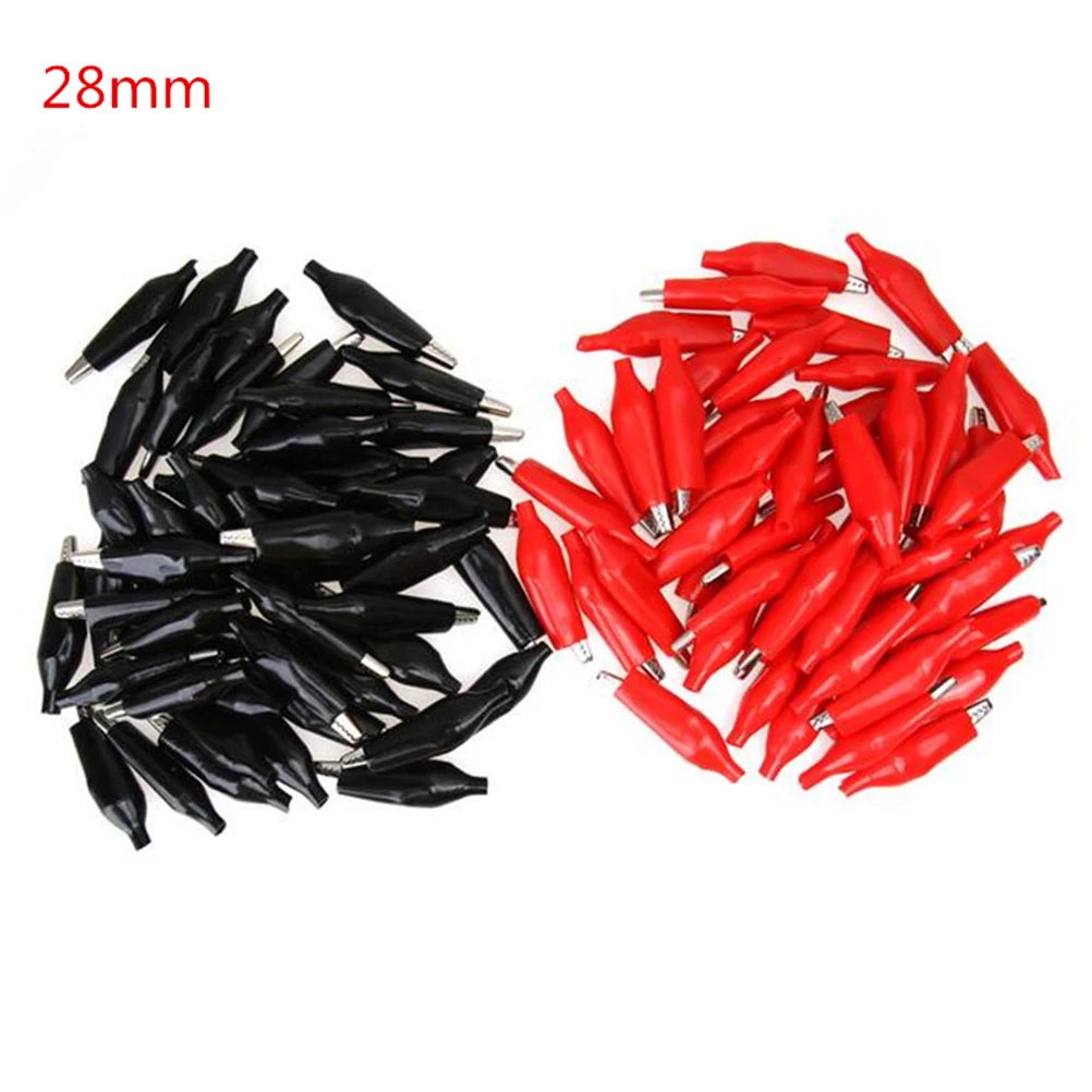 

50pcs/lot 28mm Metal Alligator Clip Crocodile Electrical Clamp for Testing Probe Meter Black and Red with Plastic Boot