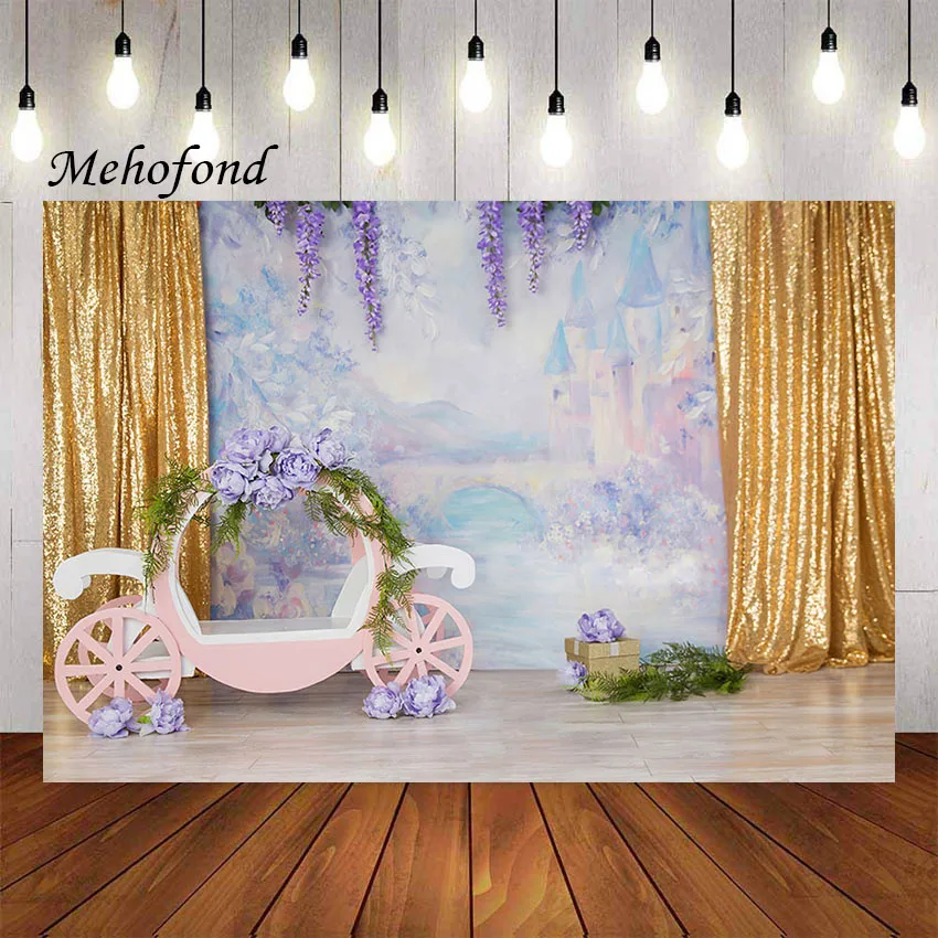 

Mehofond Photography Background Castle Carriage Princess Purple Floral Girls 1st Birthday Cake Smash Decor Backdrop Photo Studio