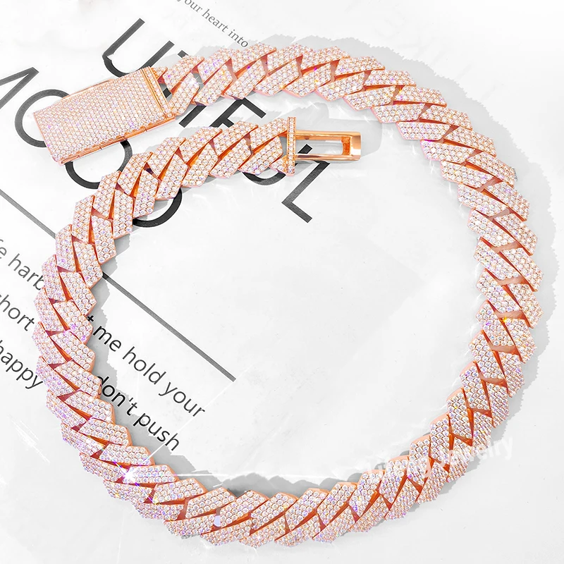 Ожерелье мужское под розовое золото кубинская цепочка с муассанитом 20 мм 24 дюйма