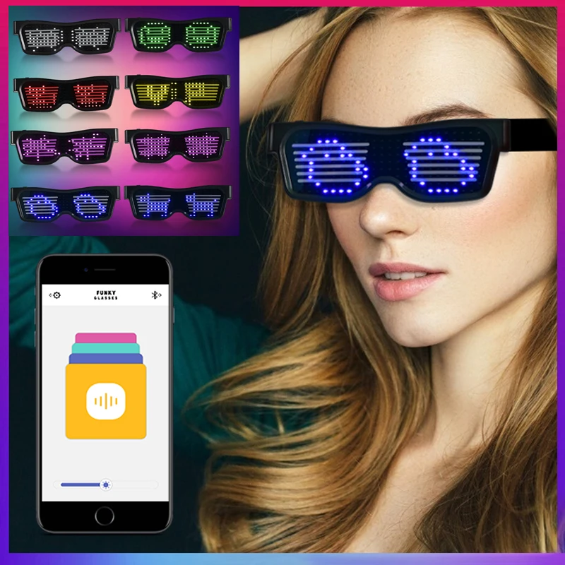 

2022 New Halloween Bluetooth LED luminous Party Neon Glasses USB Charge App Control Customized Languages Quick Flash Eyewear