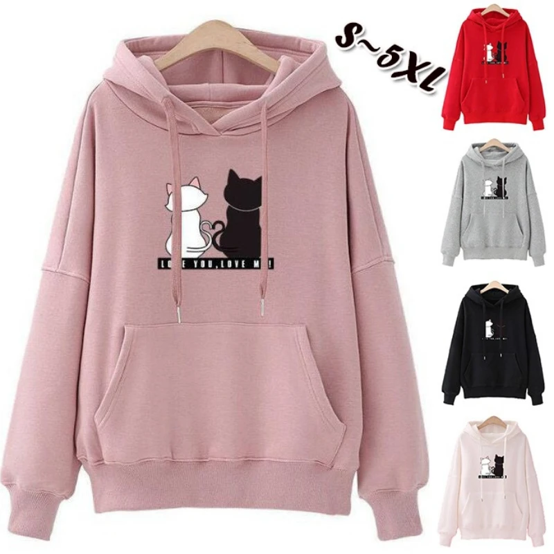 

Spring And Autumn Women's Harajuku Style Black And White Cat Sweater Women's Plus Velvet Casual Hooded Long-Sleeved Loose Coat