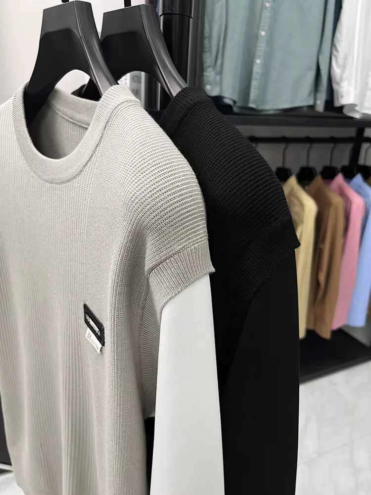  Мужской трикотажный свитер  Круглый воротник два поддельных осенних Высокий