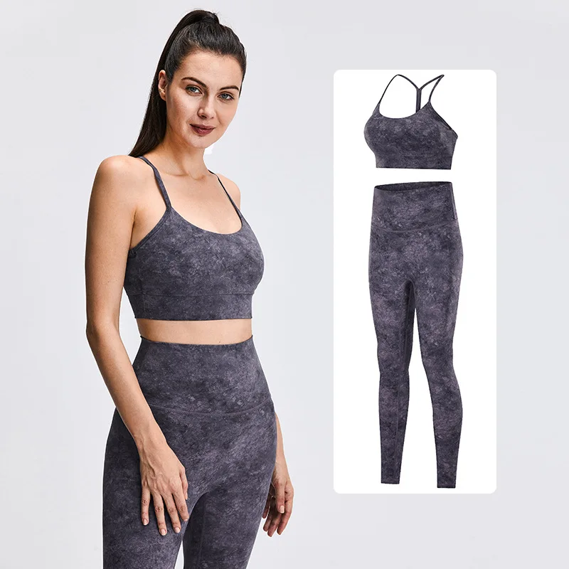 

High-Waisted Tie-Dye Yoga Wear Bra 2 Piece High Waist Stretch Leggings Padded Yoga Bra Workout Sports Wear Gym Leggings Set