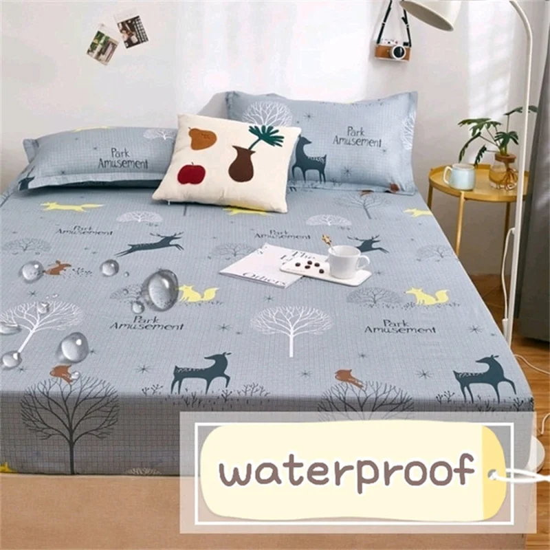 

100% Waterproof Printed Bed Fitted Sheet Adjustable Mattress Covers Four Corners With Elastic Band With 2pieces Pillowcases