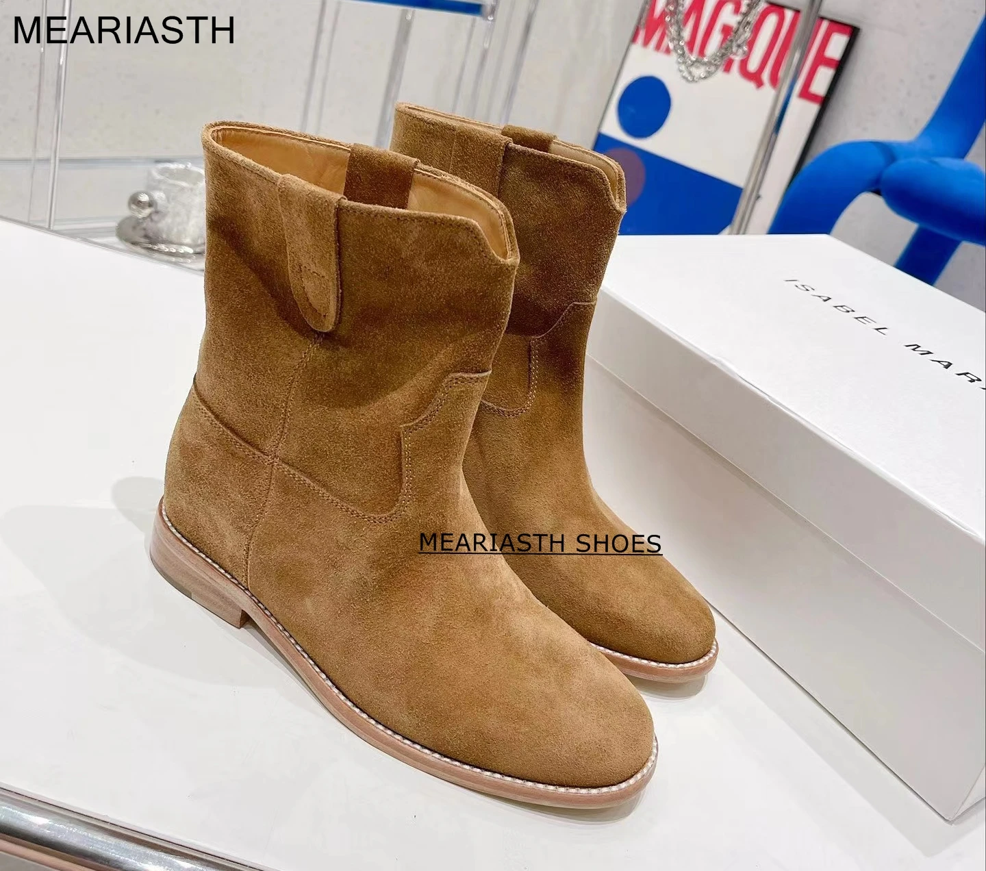 

Ботильоны женские замшевые, коровья кожа, круглый носок, без застежки, ковбойские, плоская подошва, ковбойские, осень