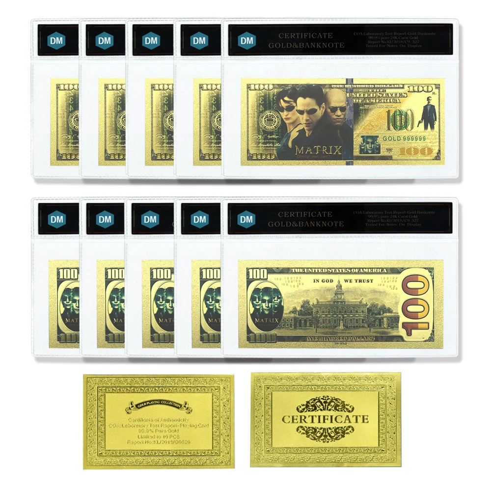 

10pcs/set The Latest American Movie Gold Foil Banknotes 100 Dollars Paper Money with COA Certificate Card Set Collectibles Gift