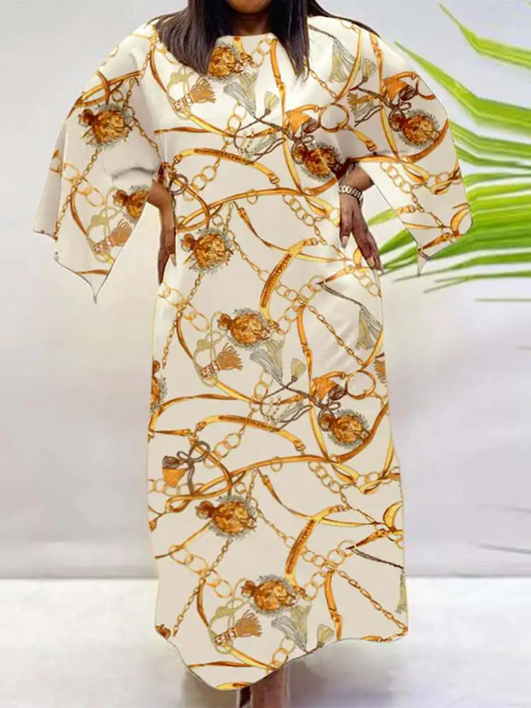 

VONDA Oversized Bohemian Loose Casual Loose Long Vestidos Long Printed Robe Women Vintage Dresses 3/4 Sleeve Holiday Sundress 6#