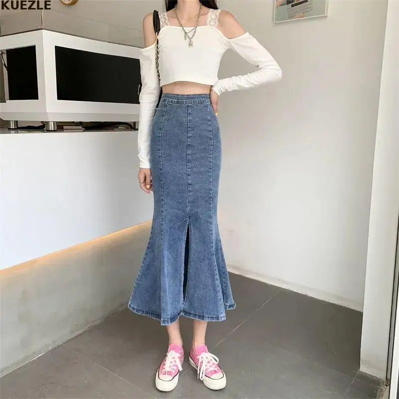 

Fashion Blue Women's Fishtail Skirt 2022 Summer Autumn Denim Skirt Long Over-the-Knee Package Hip Irregular Elegant Blue Skirts