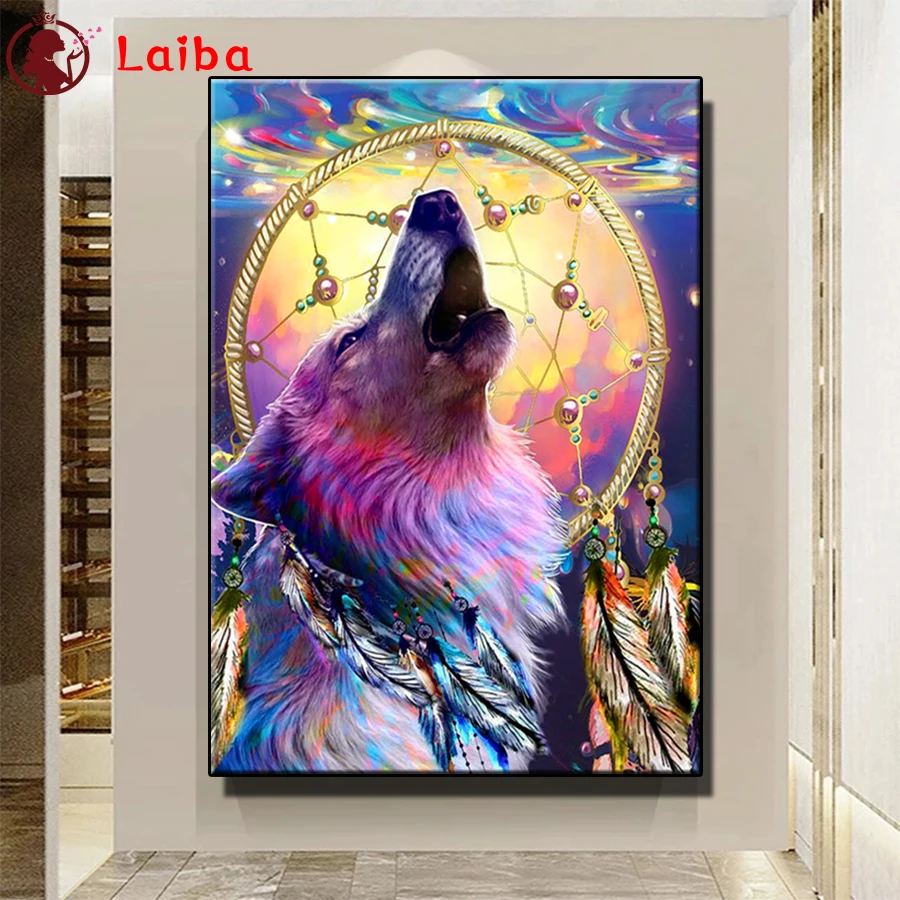 

Алмазная живопись, абстрактные животные, волк, Ловец снов, 5d алмазная вышивка, полноформатная Алмазная мозаика, вышивка крестиком, украшение