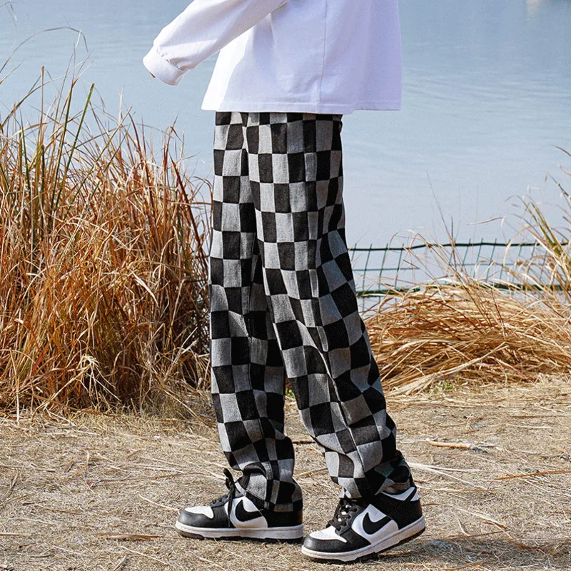 Black//Khaki Jeans Men Fashion Casual Loose Plaid Jeanss Men Streetwear Hip Hop Straight Denim Pants Men Trousers S-2XL