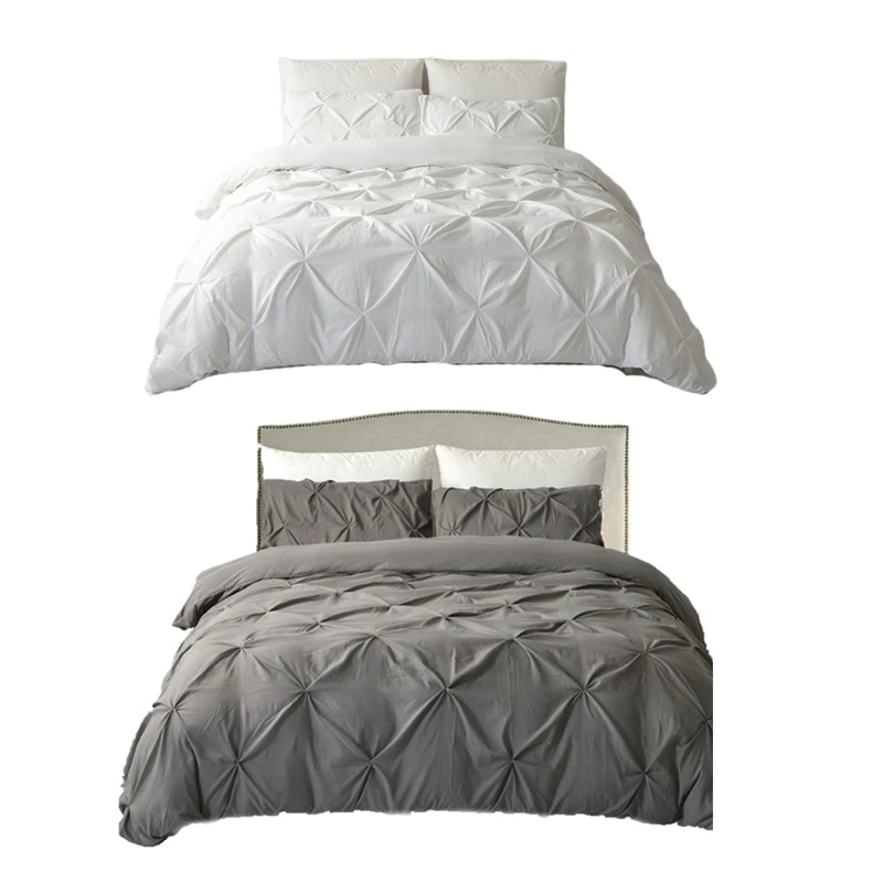 

3 Piece Pinch Pleated Duvet Cover with Zipper Closure Decorative Microfiber Pintuck Solid Color Quilt Case Pillowcases Bedding