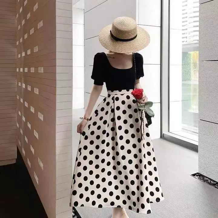 

Women 2022 Summer French Retro Suits Female Square Collar Pullover Tops and High Waist A-line Skirts Ladies Two Piece Sets N25