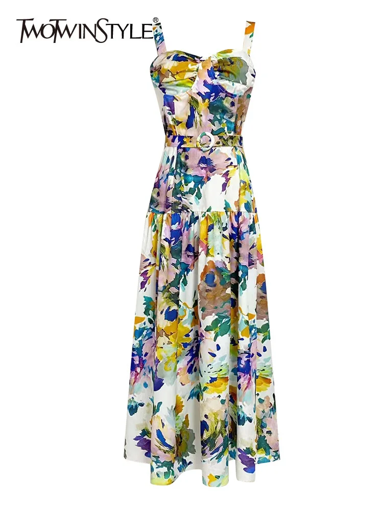 

Женское платье с принтом TWOTWINSTYLE, Элегантное летнее платье с квадратным воротником, без рукавов, высокой талией и складками