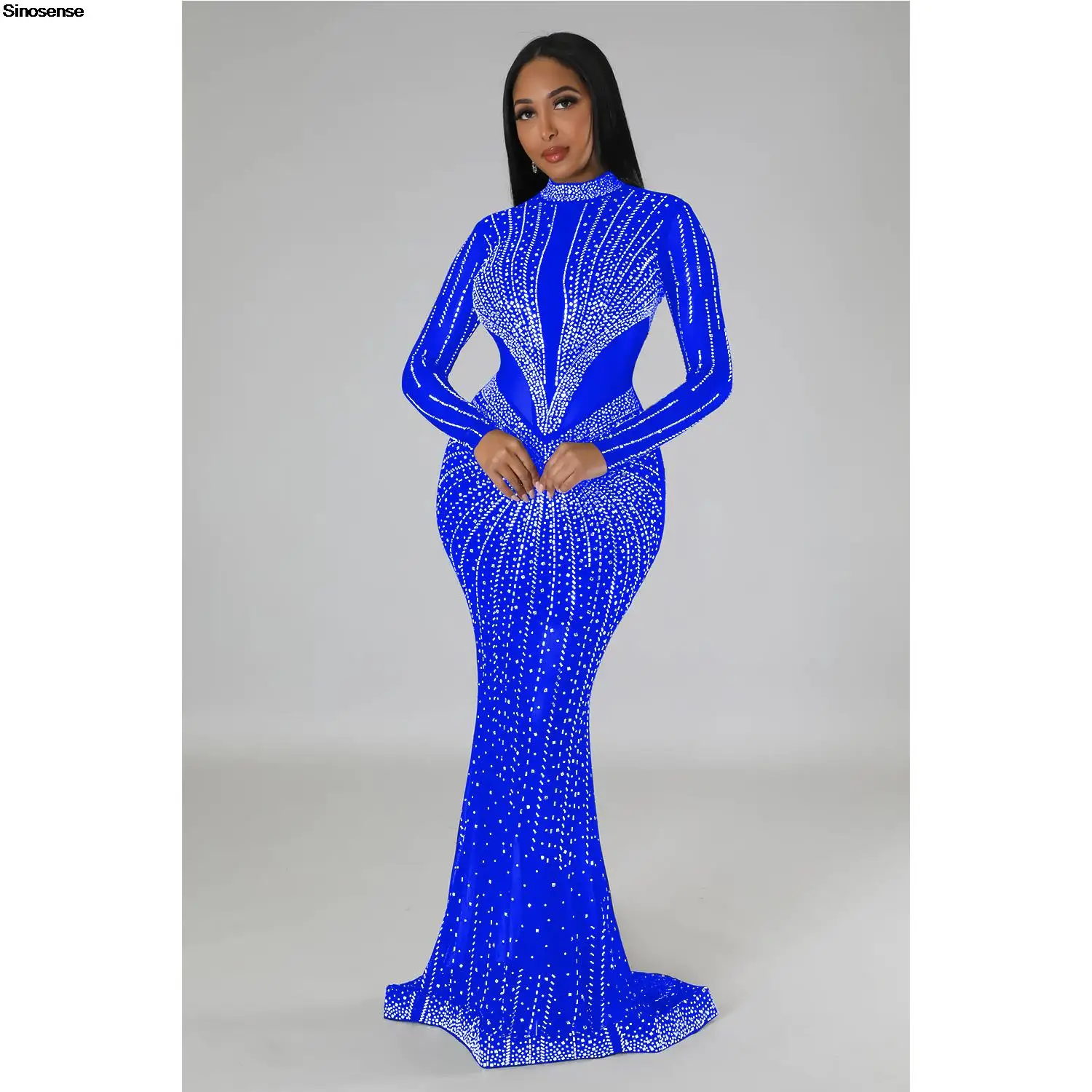 Women's Long Sleeve Party Cocktail Evening Prom Gown Mermaid Maxi Dress Sexy Mesh See Through Rhinestone Night Club Party Dress