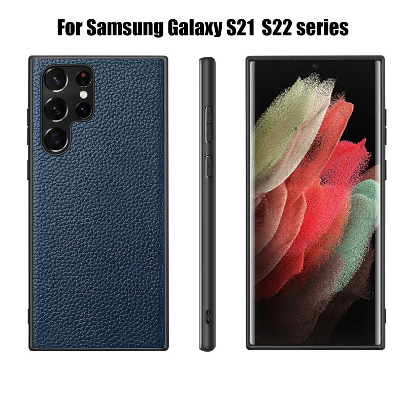

2022 NEW Genuine Leather Case for Samsung Galaxy S22 Ultra S21 5G Quality Lychee Pattern Business Protective Phone Back Cover
