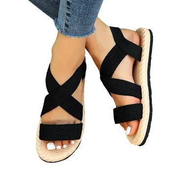 Bohemian Women Sandals Solid Color Elastic Fabric Open Toe Straw Woven Flat Sandals Cross Strap Slip On Slippers Platform Summer 1
