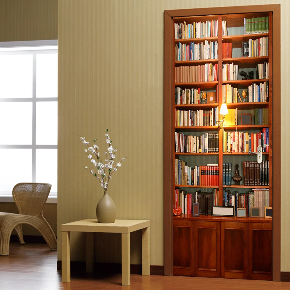 

Telephone Booth Bookcase HD Printed Vinyl Decal Door Wallpaper adesivo porta European Style 3D Door Sticker For Room Home Decor