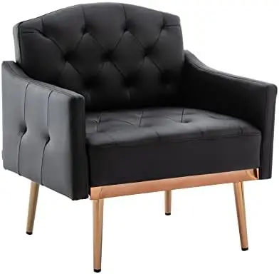 

Leather Accent Chair with Arms for Living Room, Modern Tufted Single Sofa Armchair with Gold Metal Legs Upholstered Reading Chai