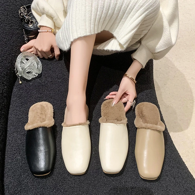 Обувь Тапочки Повседневные сабо для женщин 2024 шлепанцы с закрытым носком Меховые