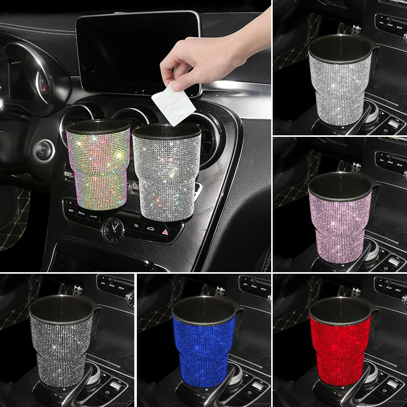 

Glitter Trash Can Car Garbage Coin Storage Cup Container Car Styling Bling Accessories Interior Auto ABS Round Trash Garbage Bin