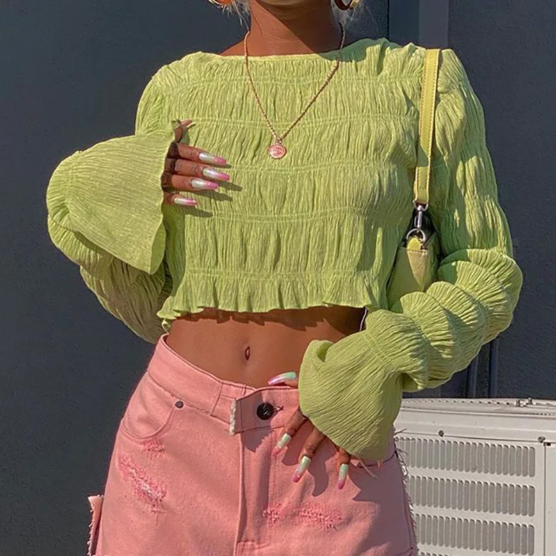 

2022 Autumn Women's New Korean Style Pleated Round Neck Long-sleeved Belly Button All-match Crop Top Women Y2k Aesthetic
