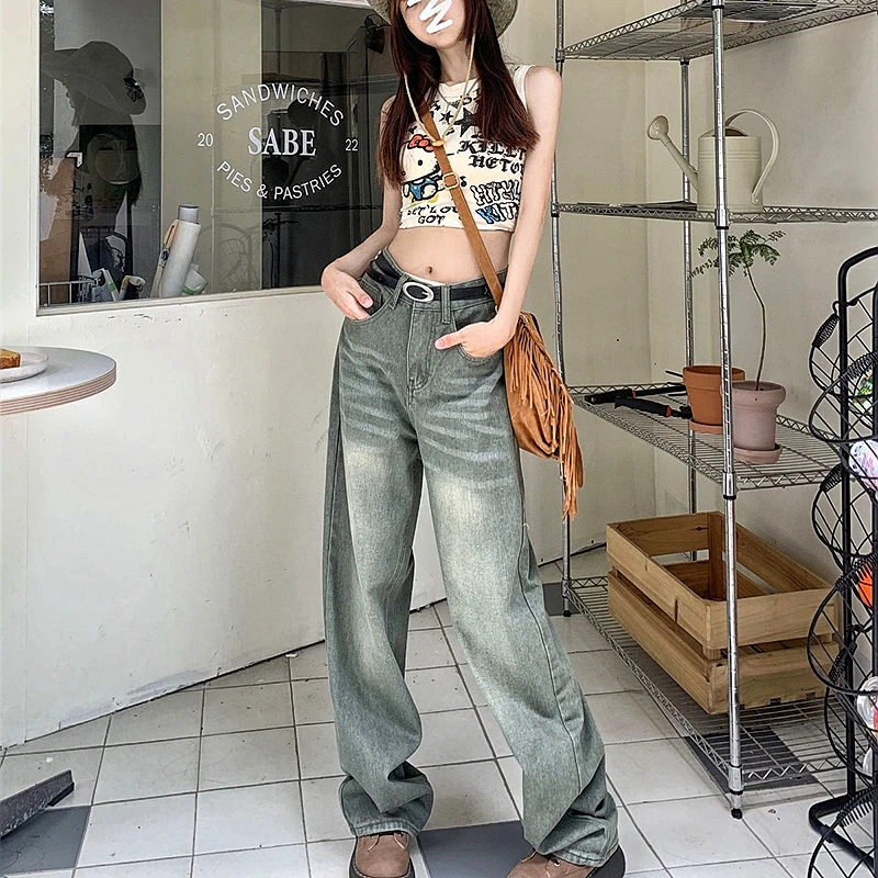 Student Wide Leg Jeans Women's Spring and Autumn New Loose Trousers High Waist Slimming Pants Straight-Leg Pants Women's