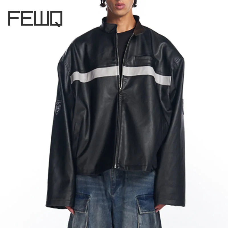 

Мужская куртка в полоску с воротником-стойкой, из ПУ кожи