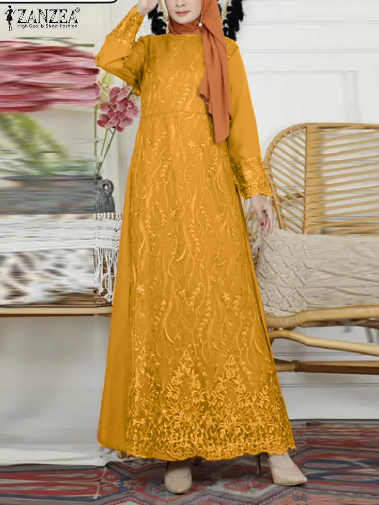 

Stylish Women Autumn Sundress 2022 ZANZEA Lace Muslim Dress Long Sleeve Jilbab Abaya Maxi Vestidos Female Patchwork Robe Femme
