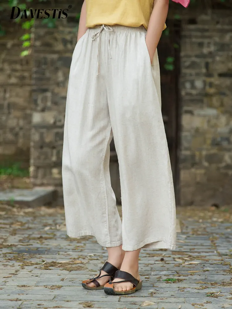 

Брюки женские из хлопка и льна с широкими штанинами, весна-лето 2023, свободные дышащие льняные укороченные брюки для женщин, повседневные брюки
