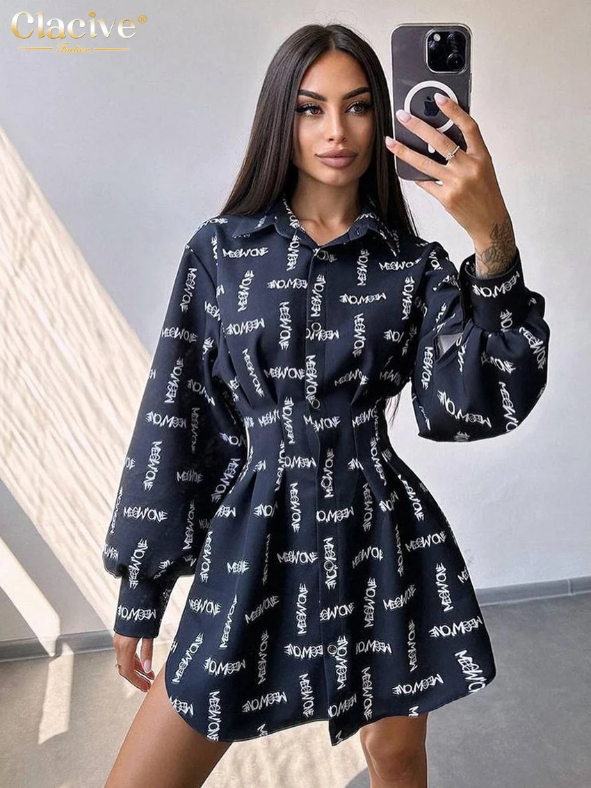 

Clacive Fashion Slim Print Womens Dresses 2023 Elegant Lapel Lantern Sleeve Mini Dresses Streetwear Bodycon Classic Female Dress