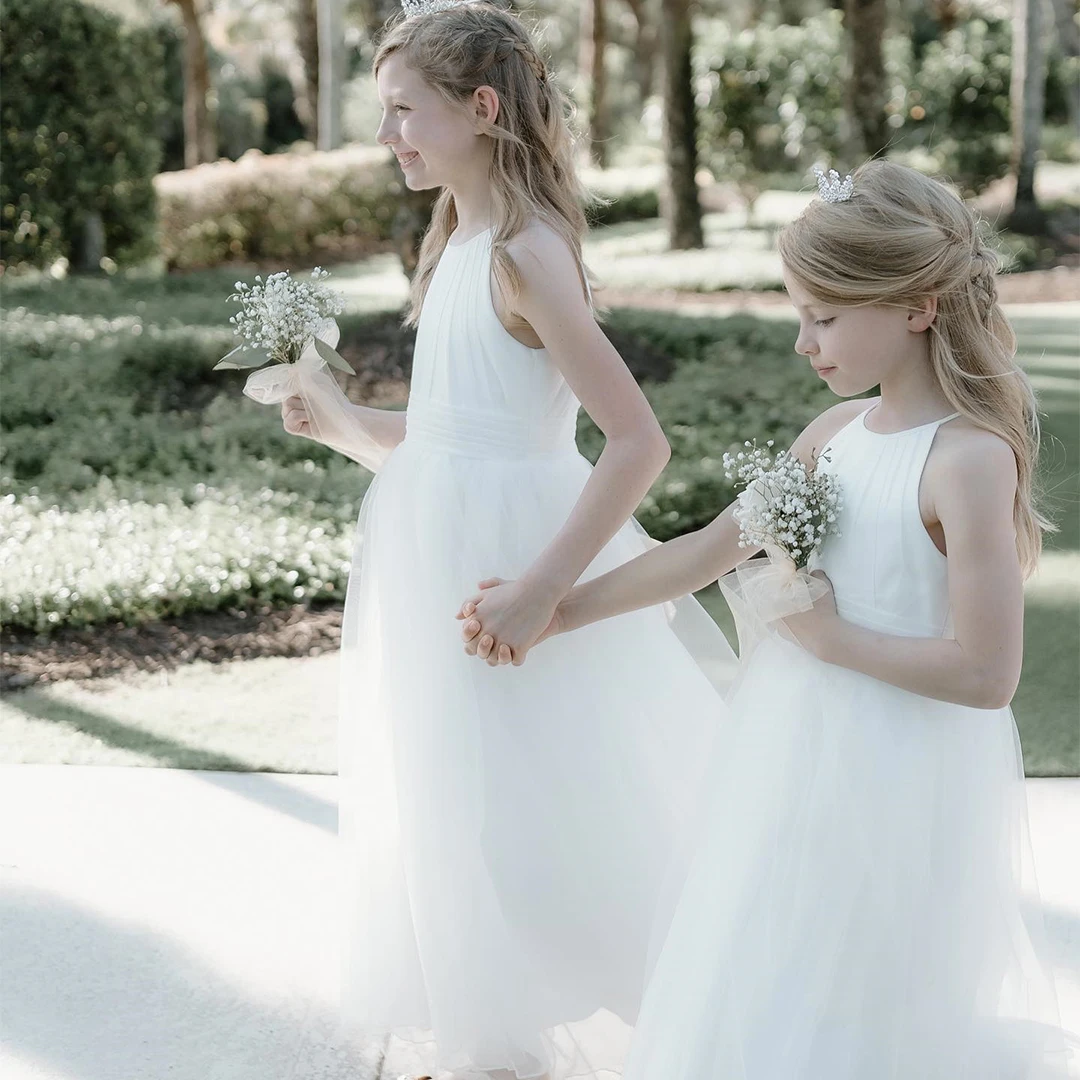 

FATAPAESE Chiffon Tulle Flower Girl Dress Wedding Party Junior Bridesmaid Dresses of Flower Girl A-line Ivory First Commion Gown