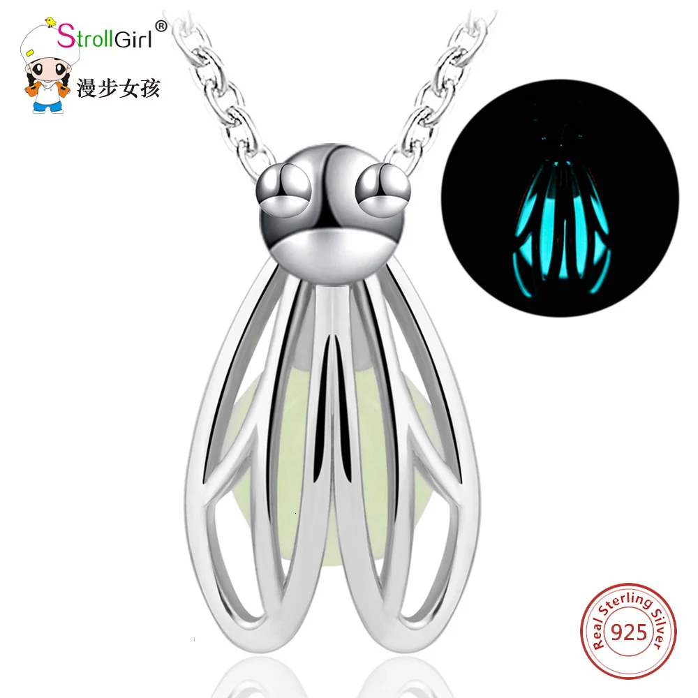 

Silver Glowing in Dark Firefly Necklace Girl 925 Sterling Silver Luminous Stone Pendants & Necklaces for Women Fashion Jewelry
