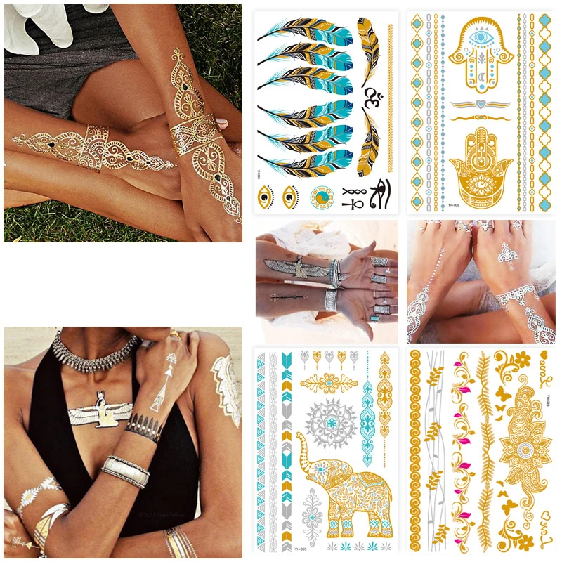 

Sexy Gold Metallic Temporary Tattoo Sticker Women Party Body Arm Art Fake Flash Sun Moon Waterproof Tatoos Glitter Body Art