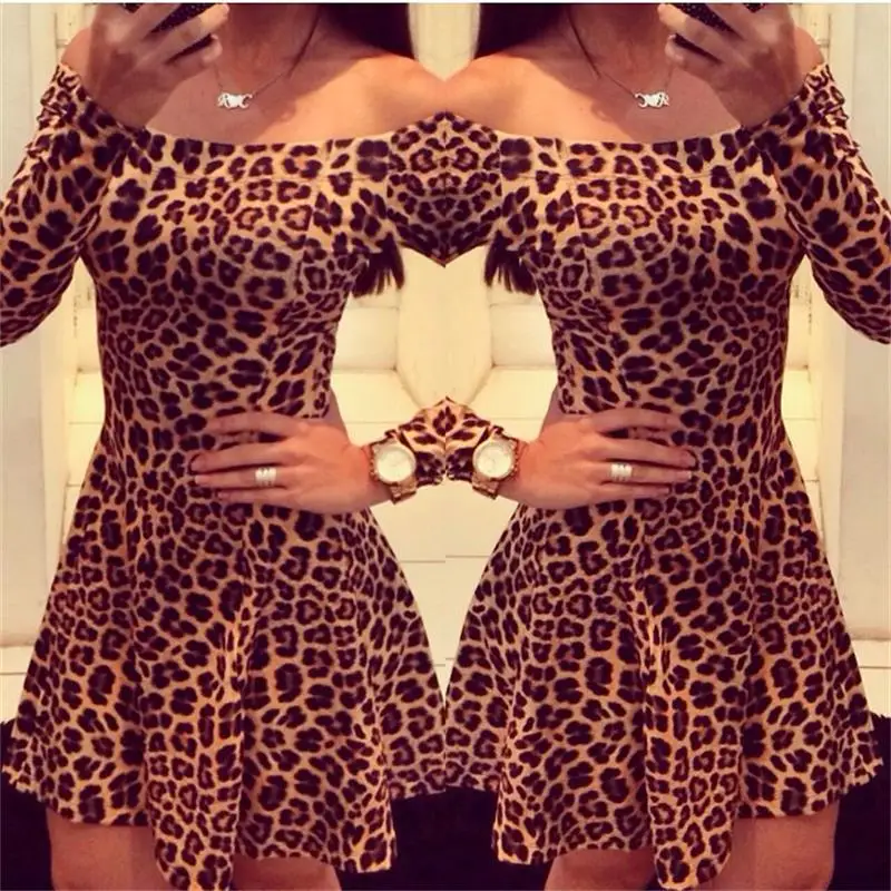

Women Leopard Dresses 2023 Summer Sexy Off Shoulder Bodycon Party Club Dress Leopard Long Sleeve Mini Women Dress Vestido