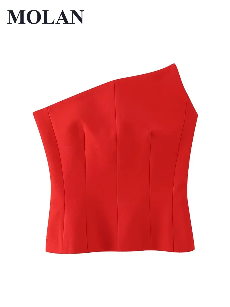 

MOLAN Red Asymmetric Woman Top Corset 2023 New Fashion Off Shoulder High Street Party Club Lingerie Female Chic Camis Top