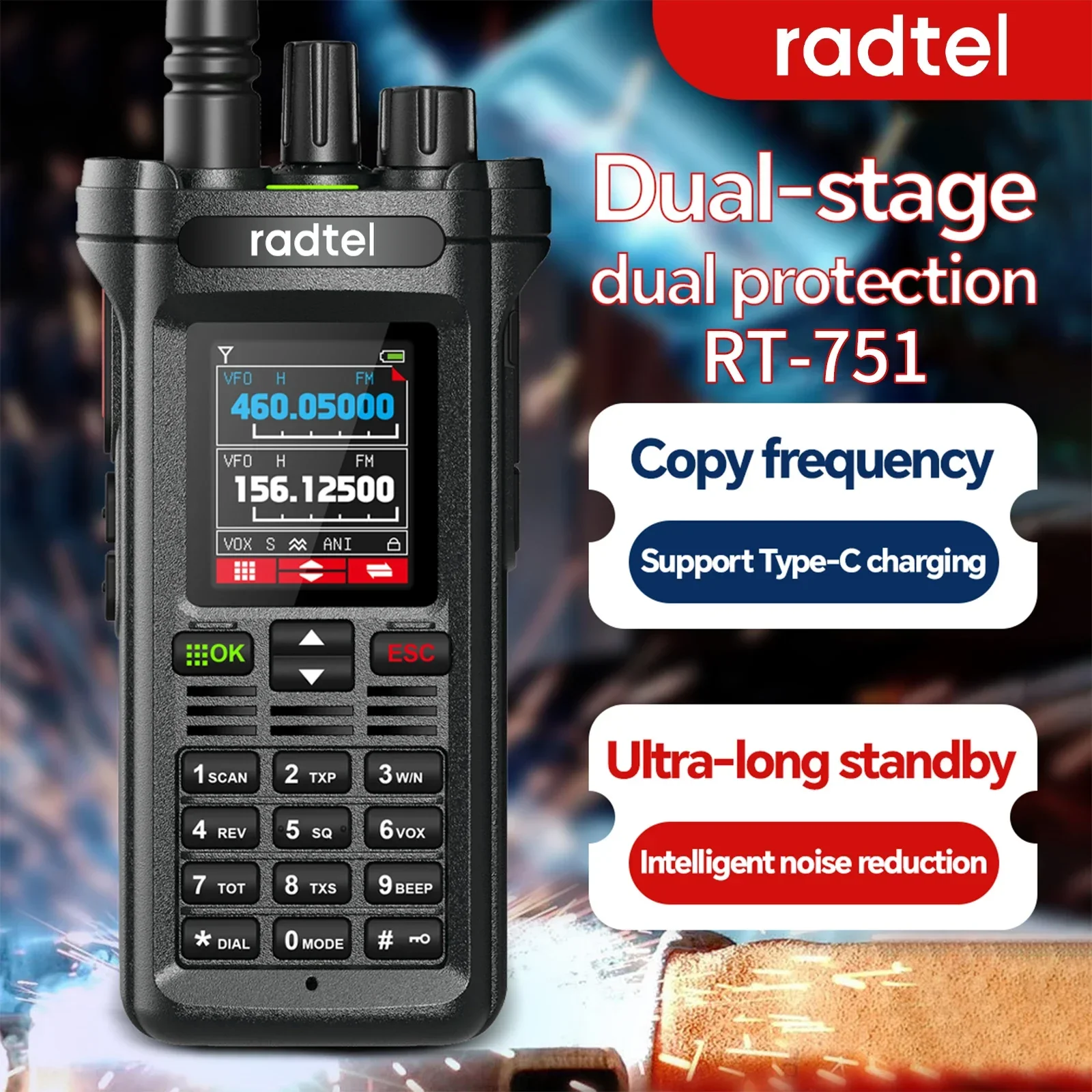 Radtel RT-751 Air Band Walkie Talkie 10 Вт Портативный двухканальный радиатор с аккумулятором