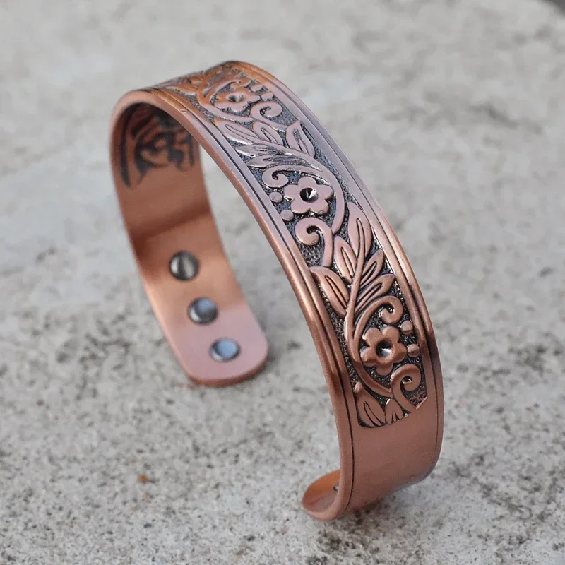 Czysta miedź bransoletki dla mężczyzn kobiety regulowany mankiet etniczny wzór kwiatowy magnetyczne zapalenie stawów zdrowie wysoki magnes